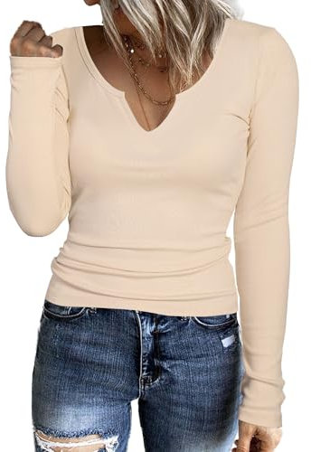 Aottori Camiseta Manga Larga Mujer Cuello en V Basica Top Elegante Algodon Acanalada Camisetas Elástico Ajustado Jersey de Punto Casual Túnica Blusa Albaricoque M