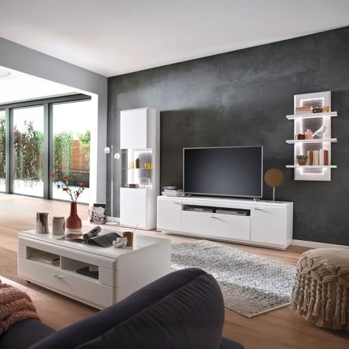 Lomadox Wohnwand TV-Wand weiß matt modern 4-teilig mit 1 Vitrine, 1 Lowboard, 1 Wandregal, 1 Couchtisch, inkl. LED Beleuchtung