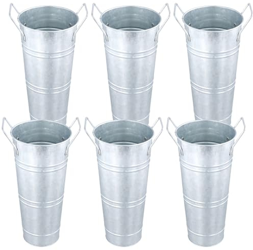 SINJEUN 6 PCS Galvanized Flower Buckets, 11 x 23cm Silver Metal Vases with Handle, Table Vases Floral Buckets for Home Wedding Table Centerpiece Flower Decoration and Display