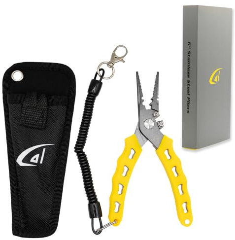danco 6 inch Fishing Pliers, 420 Stainless Steel Fishing Tool, Non-Slip Rubber Handles, Tungsten Carbide Cutters, Saltwater Resistant