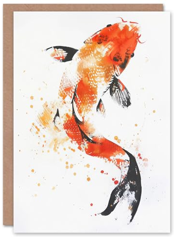 Artery8 Greeting Card Japanese Koi Carp Fish Orange Black Watercolour Blank For Him Or Her Art Birthday Card
