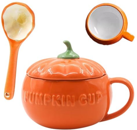 Wisylizv Taza con forma de calabaza, tazas de cerámica con forma de calabaza con tapa, taza de café de Halloween para decoración de otoño, taza de café de Halloween para decoración de otoño