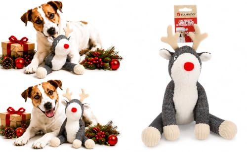 Flamingo Hundespielzeug – WEIHNACHTSSPIELZEUG – Araceli Rentier Grau – 30 cm – Textilspielzeug mit Quietscher