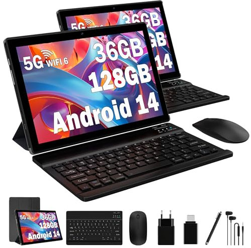 FLYCOAY Android 14 Tablet 10 Pulgadas con 36GB RAM+128GB ROM (1TB TF),Tablet 5G WiFi 6/ 8000mAh, Tableta con Teclado y Raton y Funda-Negro