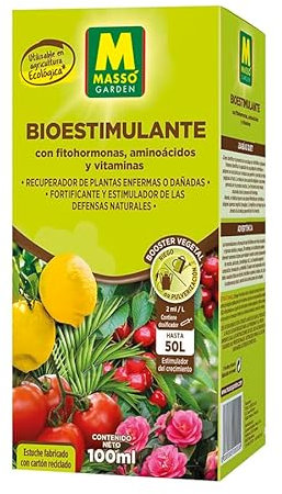 Bioestimulante 100ml - Masso Garden. Con fitohormonas, aminoacidos y vitaminas. estimula las defensas naturales. Recupera plantas dañadas. Apto en agricultura eco.