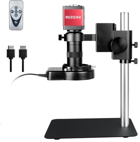 RUZIZAO Digital Microscope Metal Base, 13MP 1080P HDMI VGA Industrial Microscope Magnifier, 130X Zoom C-Mount Lens, LED Ring Light, Bench Microscopes for Observation/Soldering/Electronic Repairs