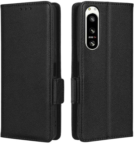 XFDSFDL® Schutzhülle für Sony Xperia 5 IV XQ-CQ54/ XQ-CQ62/ XQ-CQ72 (6,1 Zoll) PU Handyhülle Flip Cover Litchi Muster mit Ständer Magnetische Seitliche Schnalle Brieftasche Handytasche Schwarz