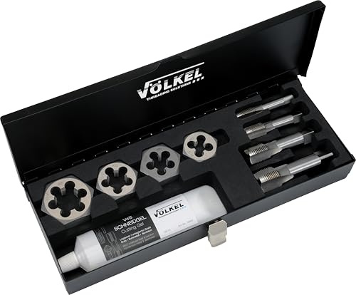 Völkel Rohrgewindeschneider Set G 1/4–3/4, HSS-G, DIN ISO 228 | BSP-Sanitärgewinde, mit Sechskantschneidmuttern, 120 ml V4S Schneidgel, robuste Metall-Kassette, rutschfest, komplett