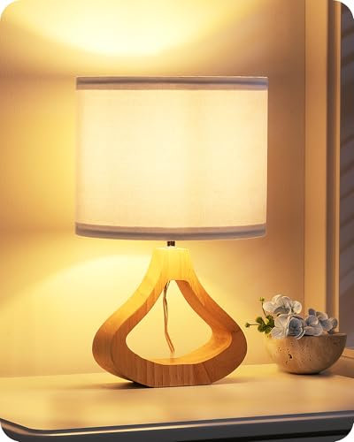 EDISHINE Nachttischlampe Holz, Tischleuchte mit Leinen-Lampenschirm und Holzsockel in Flaschenform, E27 Fassung mit 2700K LED-Birne, 34 cm, Moderne Tischlampe für Wohnzimmer und TV-Schrank, Weiß