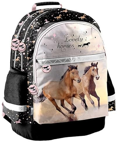 Ragusa-Trade Pferde Fan Rucksack Kinderrucksack für Jungen und Mädchen (25HA) mit Hauptfach und Getränkenetz, 41 x 28 x 18 cm, schwarz/rosa