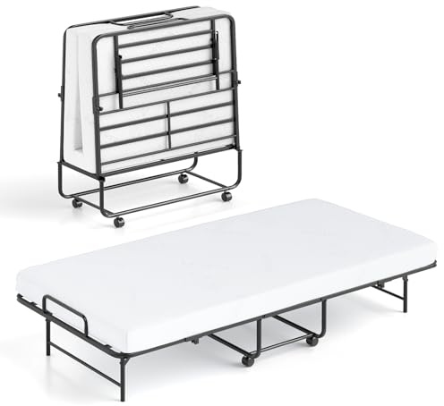 GIANTEX Gästebett Klappbar, Klappbett 90x190 cm Erwachsene, Reisebett mit Matratze, klappbares Bett mit 4 Rollen, Einzelbett bis 220 kg belastbar, Faltbett Metallbett Metallrahmen mit Lattenrost