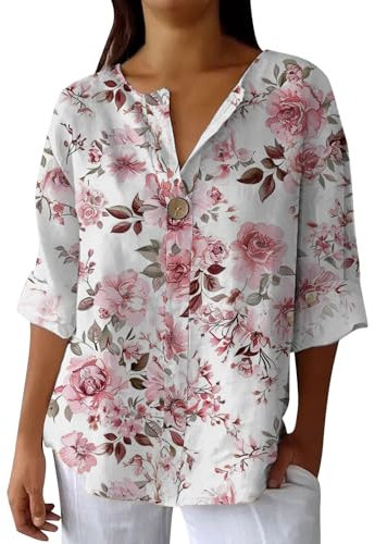 Hrjxfpt Women's Linen Summer Tops Blue Pleated Work Tshirts Deals Ladies' Fashion Printed Single Button Long Sleeve Top (01-F-Blue, XL)