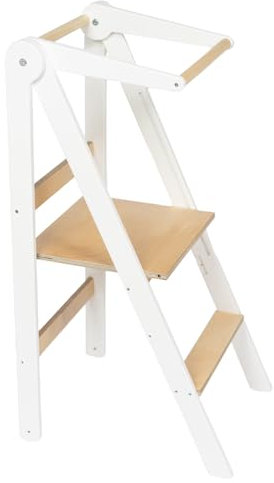 Leg&Go Montessori klappbarer Lernturm mit höhenverstellbarer Plattform - komplett montiert und sofort einsatzbereit. (Weiß)