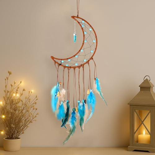 Feder Traumfänger Dreamcatcher Wandbehang Kunst Bohemian Dekoration Stil Zimmer Fenster Balkon Schlafzimmer Hochzeit Dekoration Party Favour Mädchen Kinder Geschenk(Moon)