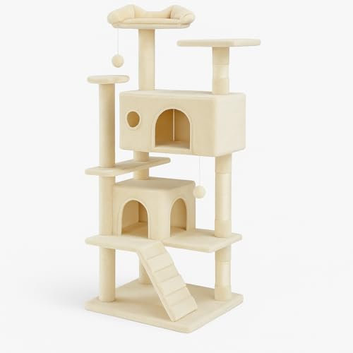 DUMOS Katzen Kratzbaum, 135 cm Katzenbaum Kletterturm, Katzenkratzbaum, Cat Tree mit Höhle, Komplett mit Sisal Umwickelt, Scratching Post, Aktivitätskratzbäume für Katzen Jeden Alters (Beige)
