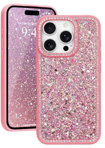 Ethanger Glitter Rhinestone Crystal Case for iPhone 16 Pro Max, Hot pink | Glamorous Sparkling Back, Aesthetic Bling Diamond Cover, for Women Girls, Shockproof Protective Phone Case