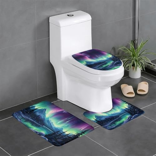 asbwuo Bedruckte rutschfeste Bodenmatte mit Nordlicht-Gemälde, dreiteiliges Set, 61 x 40,6 cm, Badezimmerteppich, geeignet für Badezimmer-Suiten
