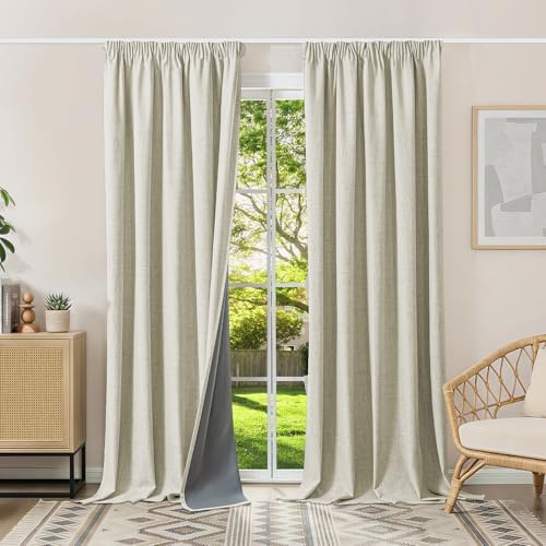 Runyéla 100% Verdunklungsvorhänge Thermovorhänge Kälteschutz Gardinen mit Kräuselband 245 x 140 cm (HxB) 2er Set Leinenoptik Vorhänge Blickdicht Hellbeige, Schiebegardinen Wohnzimmer Curtain