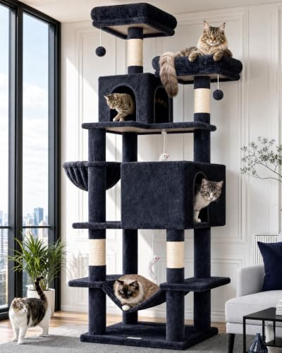 Globlazer F76 Kratzbaum 195 cm mit Große Katzenhaus Hängematte für 2 Katzen | Katzenbaum Stabil Weiche Plüsch, Sicherheit Kippschutz, Einfach zu installiere Aktivitätskratzbäume für Große Katzen Kätzchen