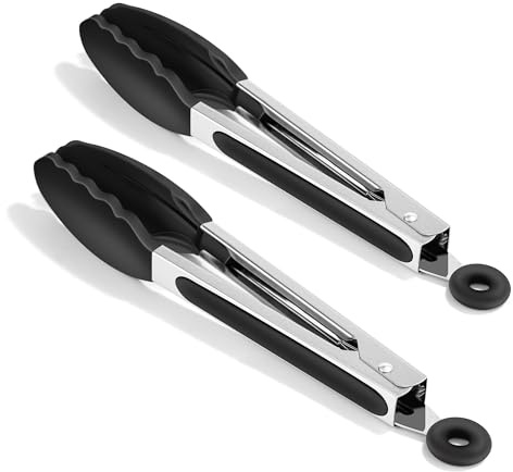 Confezione da 2 Pinze da Cucina Nere, 26 cm Pinza Alimentare con Punta in Silicone Pinza in Acciaio Inox Pinza Spaghetti Resistenti al Calore per Cottura Barbecue e Friggitrice ad Aria