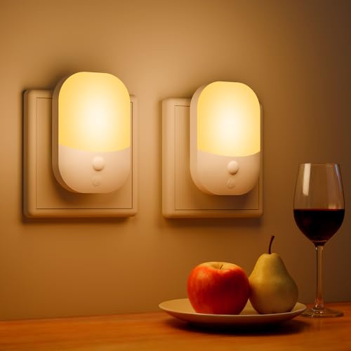 Detake Nachtlicht mit Dämmerungssensor, [2 Stück] Steckdose Nachtlichter mit 5 Helligkeitsstufen, 3 Modi(EIN/AUS/AUTO), LED Kinder Lampe Warmweiß für Kinderzimmer, Schlafzimmer, Treppenaufgang, Küche