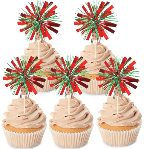 Gleevio 40 Stück Happy Birthday Tortendeko Feuerwerk,Weihnachten Cupcake Deko Rot und Grün,Glitzer Tortendeko Geburtstag,Feuerwerk Muffin Deko,Geburtstag Kuchendeko für Weihnachten Silvester Hochzeit