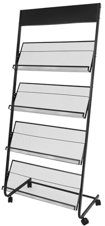 ROGONPDK 4 Etagen Zeitschriftenständer mit Rädern, Bodenstehender Magazine Rack, Literaturständer, Prospektständer & Kataloghalter, Rollbarer Prospekthalter Rack, für Bibliotheken usw (Schwarz)