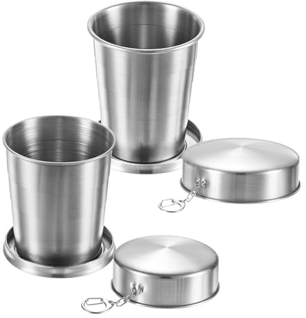 M METERXITY 2 Pack Stainless Steel Collapsible Travel Cup, 8.4/15oz Reusable Collapsible Metal Cup Portable Foldable Water Bottle with Lid and Keychain for Travel/Camping/Hiking