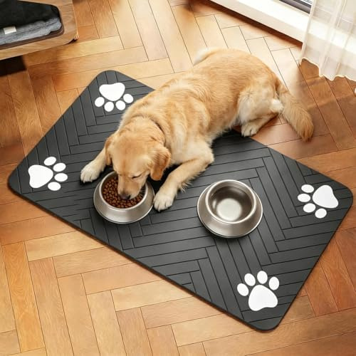 Dog Cat Feeding Mat - 40 x 60 cm Large Absorbent Pet Mat for Dog Food Bowl and Water Bowl, No Stains and Quick Dry Cat Pet Feeding Mats, Non Slip Pet Supplies, Keep Floors Clean(Grey, 4 Paw Prints)