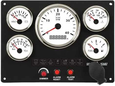 Jonlaki Bootsinstrumententafel mit 4000 U/min Drehzahlmesser, 5er-Set für Marine, Wohnmobil, Yacht und Generator – mit Roter Hintergrundbeleuchtung, IP67 (weißes Zifferblatt)