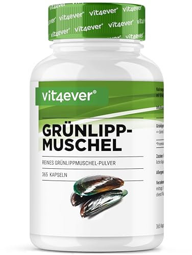 Grünlippmuschel - 365 Kapseln mit je 600 mg - Premium: Mit Glycosaminoglykane - Hochdosiertes Grünlippmuschelextrakt - 100% Grünlippmuschelpulver aus Neuseeland ohne Zusätze