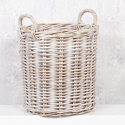 Rattankorb BAKUL rund White 40cm Durchmesser mit Griffen Pflanzkorb Inlay Aufbewahrungskorb Korb