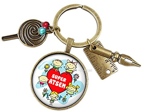Porte clés Merci Atsem Bijou cabochon couleur bronze cadeau enfant école verre