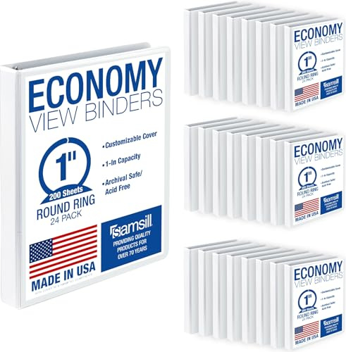 Samsill 1 Inch 3 Ring Binders, Made in USA, Economy Round Ring, Clear View Cover, 200 Sheet Capacity - for School, Home, Office - White, 24 Pack