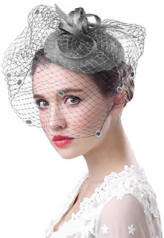 FakeFace Fascinator Hüte 20er 50er Jahre Hut Haar Clip Accessoire Haarreif Kopfbedeckung mit Schleier Cocktail Tea Party Hochzeit Kirche Haarschmuck Kopfschmuck, M, Grau