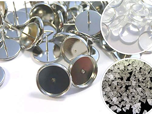 50 Ohrstecker mit 50 klaren Cabochons 12mm Ohrringe Farbwahl Fassungen Rohlinge Bastelset(antiksilber #S572)