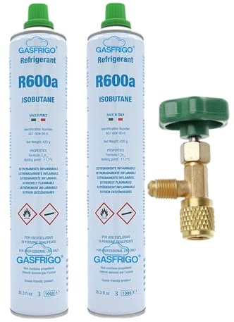 GASFRIGO® - 2 Gasflaschen Kältemittel R600A R600 420 g + Wasserhahn - Kühlschrank Gefrierschrank