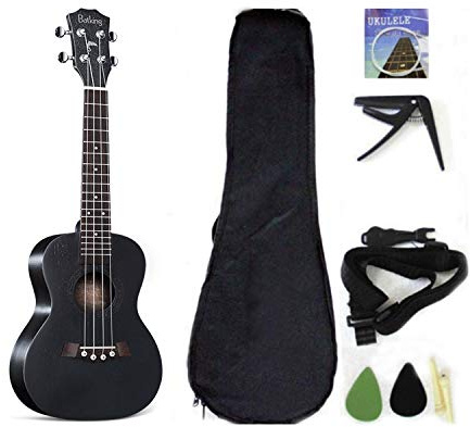 Konzert-Ukulele, massive Decke, Mahagoni, 58,4 cm, mit Ukulelen-Zubehör mit Gigbag, Gurt, Nylonsaiten und Plektren 21 inch schwarz