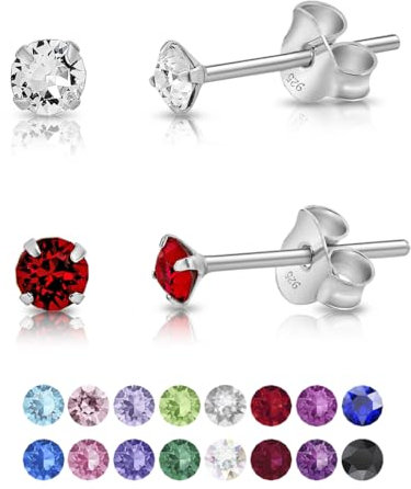 DTPsilver - 2 PAIRES de * MINI * Boucles d'oreilles/Clous en Argent Fin 925 et Cristaux Ronds - Diamètre: 3 mm - Couleur: Cristal Clair + Rubis