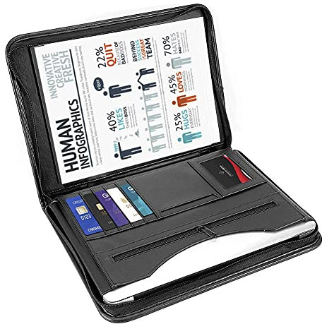 Portfolio A4 en cuir PU, Porte Document Porte Bloc-Notes Housse Document avec Papiers Écrit, Portefeuille Dossier avec Fermeture Éclair et Papiers Écrit pour réunion bureau 34 x 25 cm