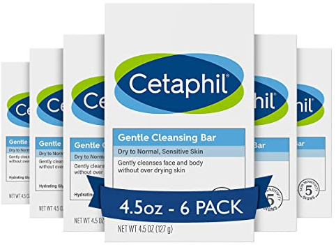 Cetaphil Gentle Cleansing Face and Body Bar, 4.5 oz Bar (Pack of 6), Nourishing Cleanser Bar For Dry, Sensitive Skin, Non-Comedogenic, (Packaging May Vary)