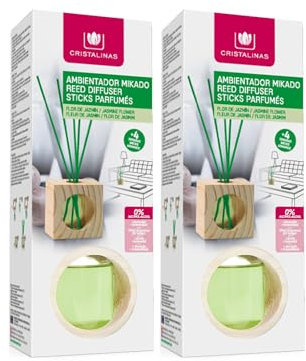 CRISTALINAS | Pack 2 Ambientador Hogar Mikado Cubo de Madera | Aroma Jazmín Verde| 100% Puro | Larga Duración 4 Semanas | 2x30ml | 0% Alcohol