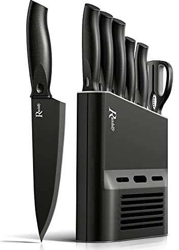 Kitchen Knife Set with Knife Block Set - 7 Pieces Professional Chef Knife Set Contain Knives, Scissor and Knife Block for Meat/Vegetables/Fruits's Chopping, Slicing, Dicing & Cutting, Black