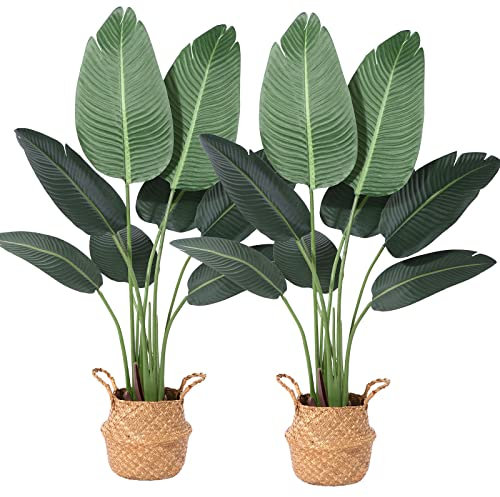 Ferrgoal Künstliche Paradiesvogel-Pflanzen, 122 cm, künstliche tropische Palme mit 8 Stämmen im Topf und gewebtem Seegras-Bauchkorb, perfekte Kunstpflanze für Zuhause, grün, 2 Stück