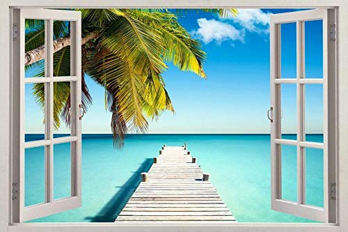 Wandtattoo - Palm Tree Beach Fenster Ansicht Aufkleber Wall Sticker Home Decor Art Mural Exotic 3D Aufkleber für die Wand - Wanddekoration - 80x125cm
