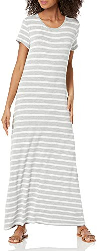 Amazon Essentials Vestido Largo de Manga Corta, Fluido Mujer, Gris Mezcla Rayas Marineras, S
