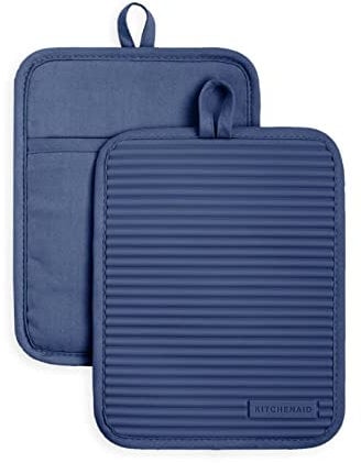 KitchenAid Ribbed Soft Silicone Pot Holder Set, Blue Willow 7x9