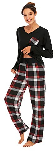 Famulily Ladies Cotton Pyjamas Long Sleeve Sleepwear Floral Print Nightwear Soft Pjs Lounge Sets with Pockets Checked M