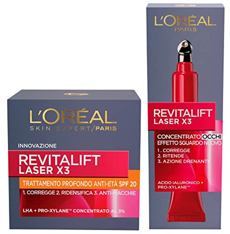 L'Oréal Paris Revitalift Laser X3 Anti-Aging Intensivkur LSF 20 mit Hyaluronsäure & pro-xylane + konzentrierte Augencreme Anti-Falten pro-Xylane
