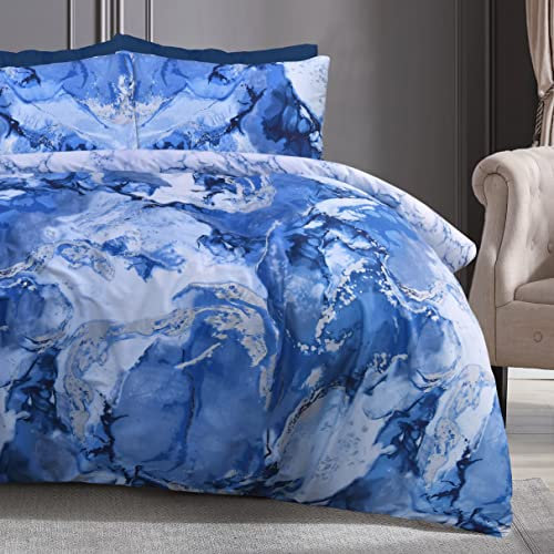 Sleepdown Metallic Marble Sparkle Glitz Blue Silver Reversible Soft Easy Care Duvet Cover Quilt Bedding Set with Pillowcases - Super King (260cm x 220cm)